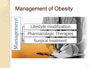 Management of Obesity
24
Management
Lifestyle modification
Pharmacologic Therapies
Surgical treatment
 