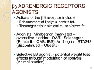 β3 ADRENERGIC RECEPTORS
AGONISTS
 Actions of the β3 receptor include:
◦ Enhancement of lipolysis in white fat.
◦ Thermogenesis in skeletal muscle/brown fat
 Agonists: Mirabegron (marketed –
overactive bladder - OAB), Solabegron
(Phase II – OAB, IBS), Amibegron, BTA243
(discontinued – Obesity)
 Selective β3 agonist - potential weight loss
effects through modulation of lipolysis
(Animal studies)
54
 