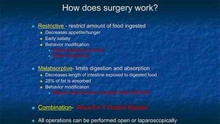 How does surgery work?
 Restrictive - restrict amount of food ingested
 Decreases appetite/hunger
 Early satiety
 Behavior modification
 Gastric Banding (Lap Band)
 Sleeve Gastrectomy
 Malabsorptive- limits digestion and absorption
 Decreases length of intestine exposed to digested food
 25% of fat is absorbed
 Behavior modification
 Biliopancreatic Diversion, Duodenal Switch (BPD/DS)
 Combination- Roux-En-Y Gastric Bypass
 All operations can be performed open or laparoscopically
 