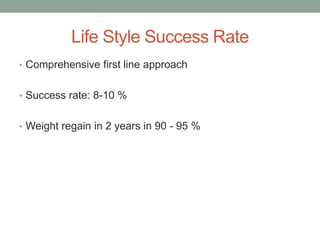 Life Style Success Rate
• Comprehensive first line approach
• Success rate: 8-10 %
• Weight regain in 2 years in 90 - 95 %
 