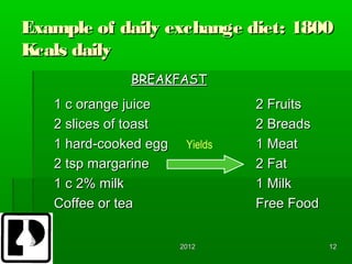 Example of daily exchange diet: 1800
Kcals daily
              BREAKFAST
   1 c orange juice              2 Fruits
   2 slices of toast             2 Breads
   1 hard-cooked egg    Yields   1 Meat
   2 tsp margarine               2 Fat
   1 c 2% milk                   1 Milk
   Coffee or tea                 Free Food


                       2012                  12
 