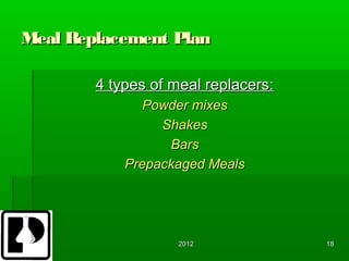 Meal Replacement Plan

        4 types of meal replacers:
               Powder mixes
                 Shakes
                  Bars
            Prepackaged Meals




                    2012             18
 