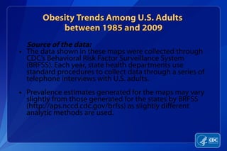 Obesity  Trends  Among U.S. Adults  between 1985 and 2009 Source of the data: The data shown in these maps were collected through CDC’s Behavioral Risk Factor Surveillance System (BRFSS). Each year, state health departments use standard procedures to collect data through a series of telephone interviews with U.S. adults. Prevalence estimates generated for the maps may vary slightly from those generated for the states by BRFSS (http://aps.nccd.cdc.gov/brfss) as slightly different analytic methods are used. 