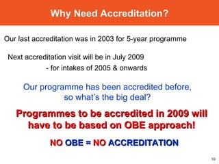 Why Need Accreditation? Our last accreditation was in 2003 for 5-year programme Next accreditation visit will be in July 2009 - for intakes of 2005 & onwards Programmes to be accredited in 2009 will have to be based on OBE approach! Our programme has been accredited before,  so what’s the big deal?  NO  OBE =  NO  ACCREDITATION 