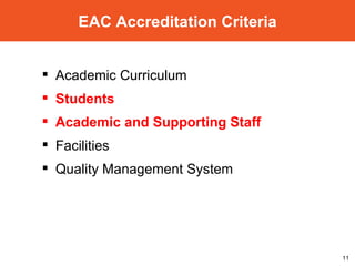 Academic Curriculum Students Academic and Supporting Staff Facilities Quality Management System EAC Accreditation Criteria 