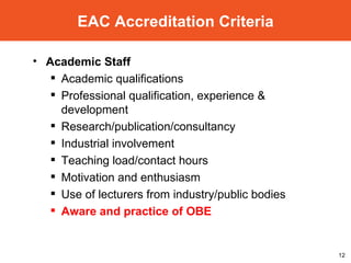 Academic Staff Academic qualifications Professional qualification, experience & development Research/publication/consultancy Industrial involvement Teaching load/contact hours Motivation and enthusiasm Use of lecturers from industry/public bodies Aware and practice of OBE   EAC Accreditation Criteria 