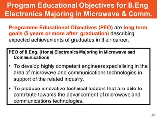Programme Educational Objectives (PEO)  are  long term goals ( 5 years or more after  graduation )  describing expected achievements of graduates in their  career. Program Educational Objectives for B.Eng  Electronics Majoring in Microwave & Comm. PEO of  B.Eng. (Hons) Electronics Majoring in Microwave and Communications   To develop highly competent engineers specialising in the area of microwave and communications technologies in support of the related industry . To produce innovative technical leaders that are able to contribute towards the advancement of microwave and communications technologies . 