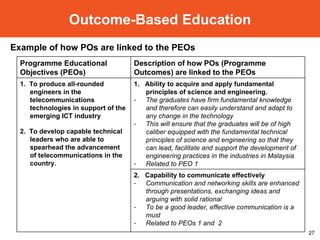 Outcome-Based Education Example of how POs are linked to the PEOs Programme Educational Objectives (PEOs) Description of how POs (Programme Outcomes) are linked to the PEOs 1.  To produce all-rounded engineers in the telecommunications technologies in support of the emerging ICT industry 2.  To develop capable technical leaders who are able to spearhead the advancement of telecommunications in the country. 1.  Ability to acquire and apply fundamental principles of science and engineering. The graduates have firm fundamental knowledge and therefore can easily understand and adapt to any change in the technology This will ensure that the graduates will be of high caliber equipped with the fundamental technical principles of science and engineering so that they can lead, facilitate and support the development of engineering practices in the industries in Malaysia Related to PEO 1 2.  Capability to communicate effectively Communication and networking skills are enhanced through presentations, exchanging ideas and arguing with solid rational To be a good leader, effective communication is a must Related to PEOs 1 and  2 