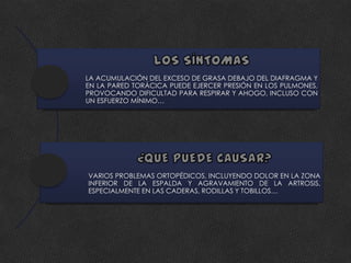 LA ACUMULACIÓN DEL EXCESO DE GRASA DEBAJO DEL DIAFRAGMA Y
EN LA PARED TORÁCICA PUEDE EJERCER PRESIÓN EN LOS PULMONES,
PROVOCANDO DIFICULTAD PARA RESPIRAR Y AHOGO, INCLUSO CON
UN ESFUERZO MÍNIMO…




VARIOS PROBLEMAS ORTOPÉDICOS, INCLUYENDO DOLOR EN LA ZONA
INFERIOR DE LA ESPALDA Y AGRAVAMIENTO DE LA ARTROSIS,
ESPECIALMENTE EN LAS CADERAS, RODILLAS Y TOBILLOS…
 