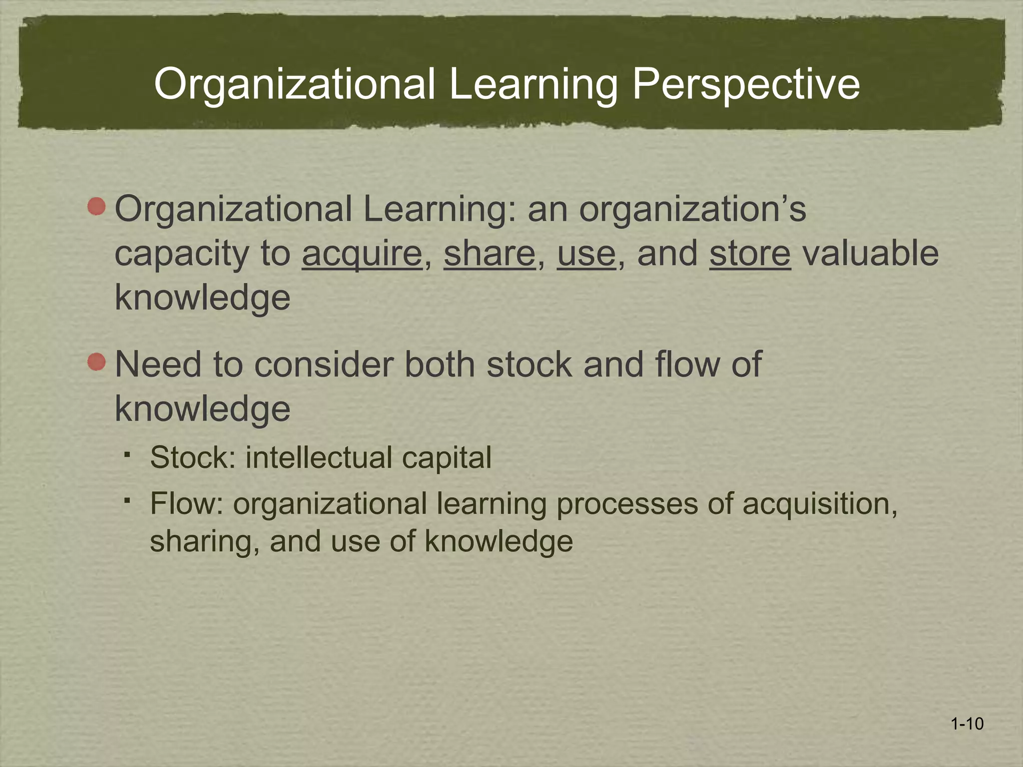 1-10
Organizational Learning Perspective
Organizational Learning: an organization’s
capacity to acquire, share, use, and store valuable
knowledge
Need to consider both stock and flow of
knowledge
 Stock: intellectual capital
 Flow: organizational learning processes of acquisition,
sharing, and use of knowledge
 