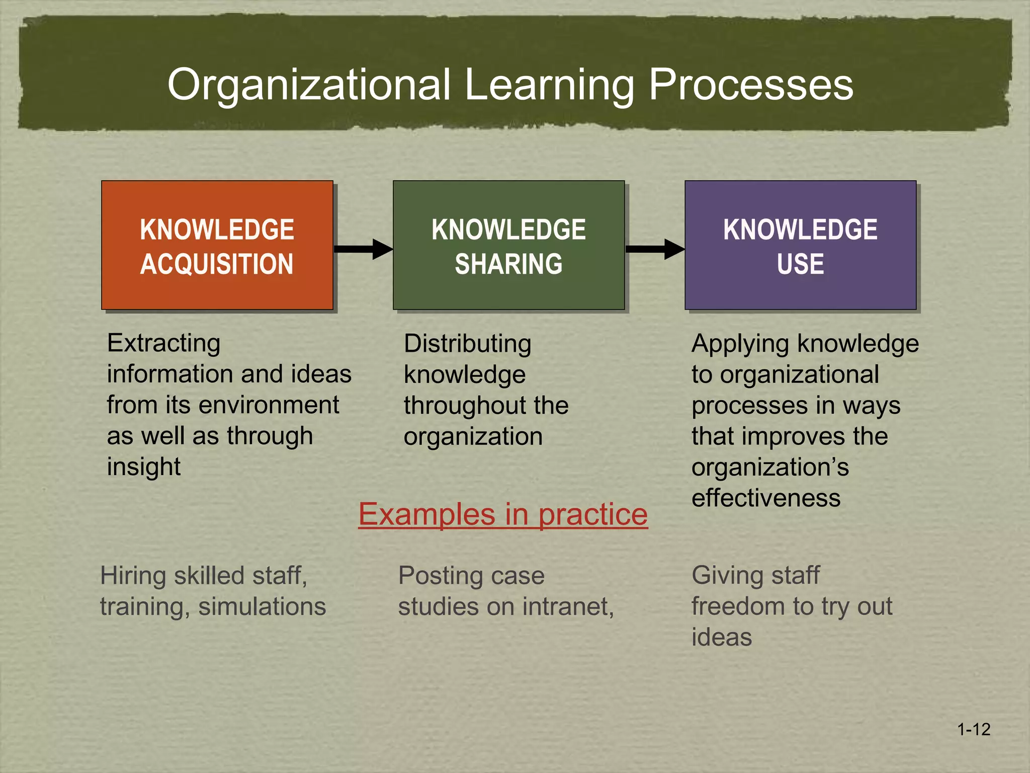 1-12
Organizational Learning Processes
Applying knowledge
to organizational
processes in ways
that improves the
organization’s
effectiveness
Distributing
knowledge
throughout the
organization
Extracting
information and ideas
from its environment
as well as through
insight
KNOWLEDGE
ACQUISITION
KNOWLEDGE
ACQUISITION
KNOWLEDGE
SHARING
KNOWLEDGE
SHARING
KNOWLEDGE
USE
KNOWLEDGE
USE
Examples in practice
Hiring skilled staff,
training, simulations
Posting case
studies on intranet,
Giving staff
freedom to try out
ideas
 