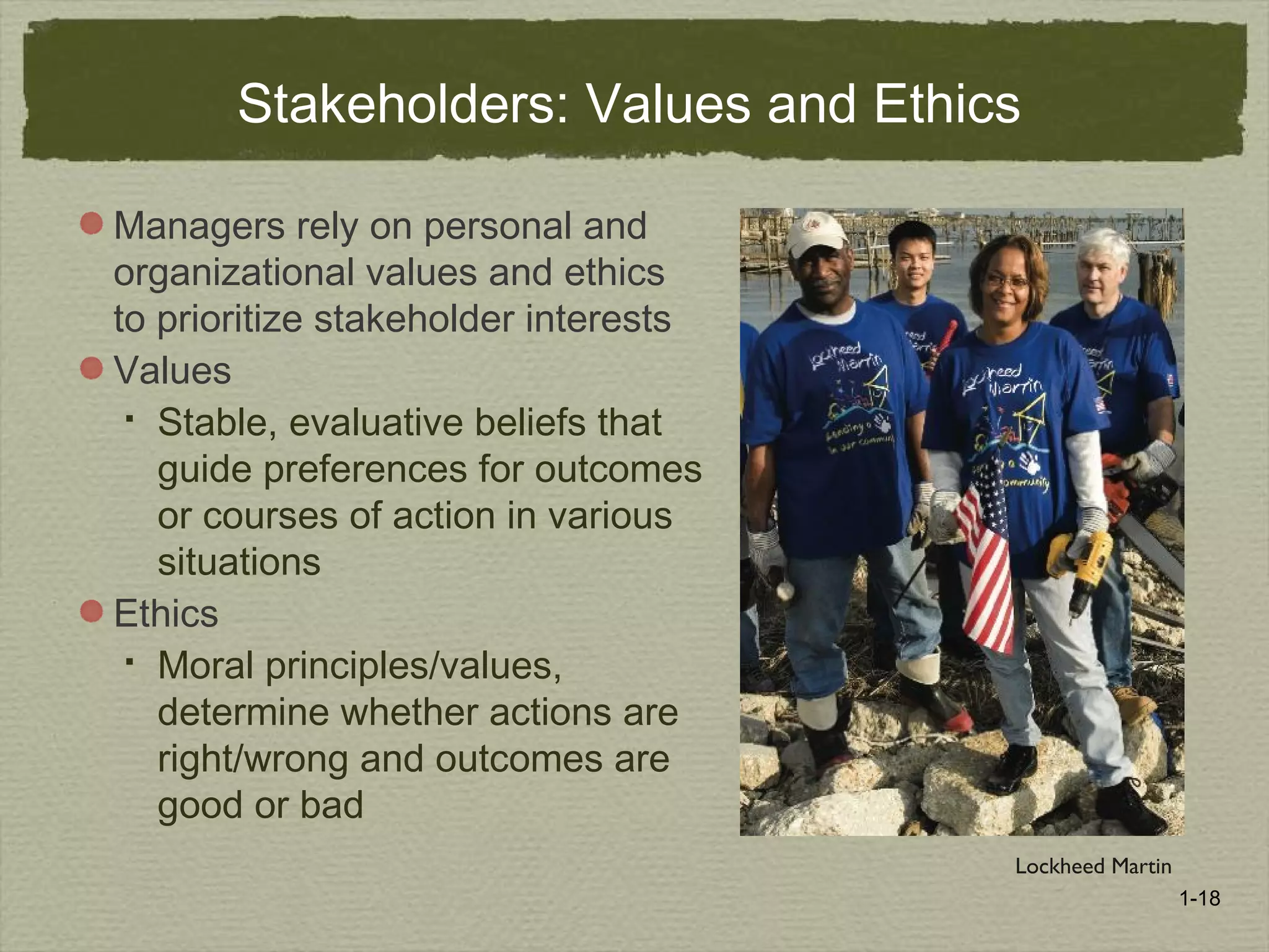 1-18
Stakeholders: Values and Ethics
Managers rely on personal and
organizational values and ethics
to prioritize stakeholder interests
Values
 Stable, evaluative beliefs that
guide preferences for outcomes
or courses of action in various
situations
Ethics
 Moral principles/values,
determine whether actions are
right/wrong and outcomes are
good or bad
Lockheed Martin
 
