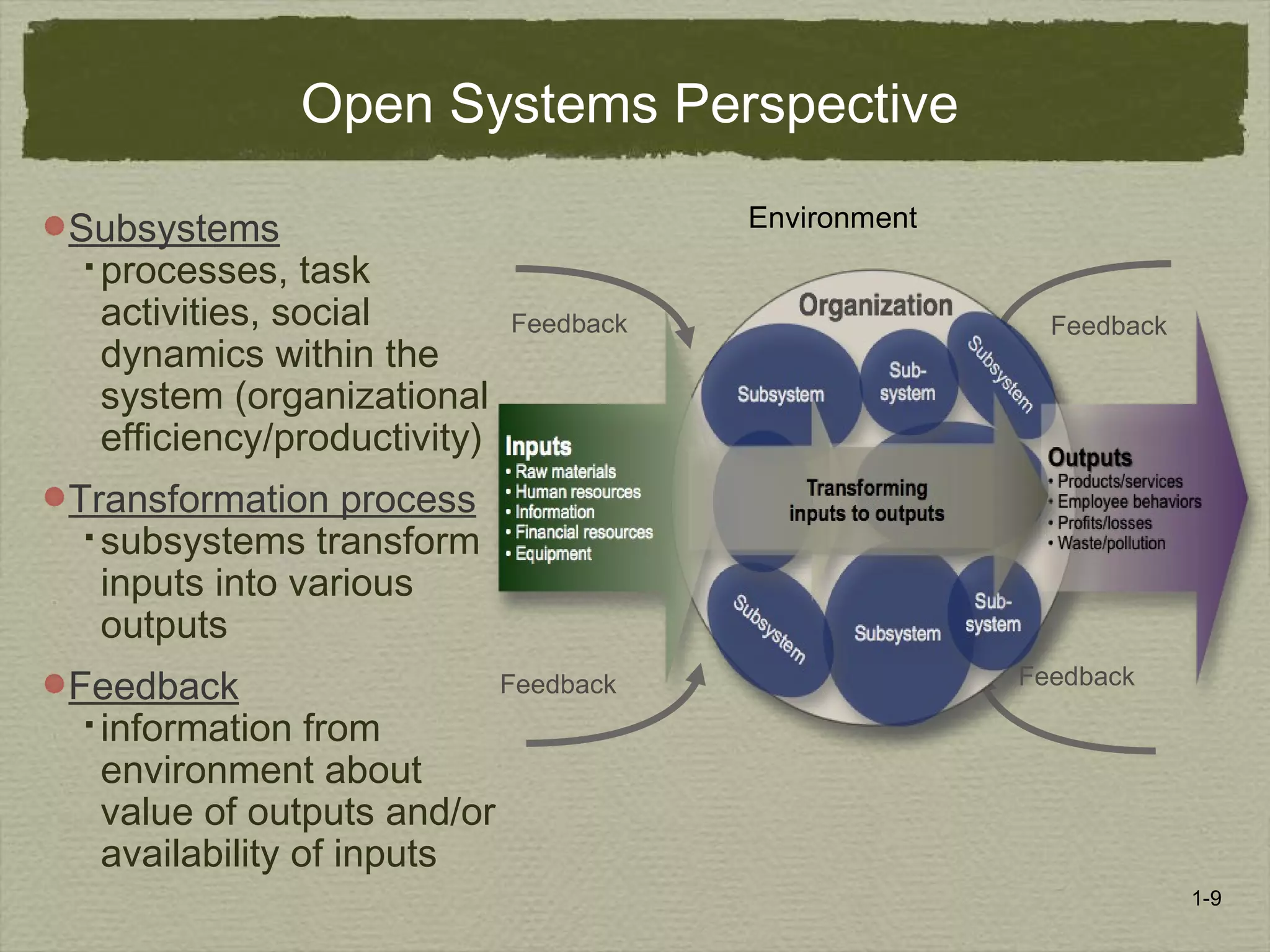 1-9
Open Systems Perspective
Subsystems
 processes, task
activities, social
dynamics within the
system (organizational
efficiency/productivity)
Transformation process
 subsystems transform
inputs into various
outputs
Feedback
 information from
environment about
value of outputs and/or
availability of inputs
FeedbackFeedback
FeedbackFeedback
Environment
 
