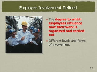 6-19
Employee Involvement Defined
The degree to which
employees influence
how their work is
organized and carried
out
Different levels and forms
of involvement
 