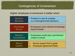 6-21
Contingencies of Involvement
Knowledge
Source
Decision
Commitment
• Employees have relevant knowledge
beyond leader
• Employees would lack commitment
unless involved
Risk of
Conflict
1. Norms support firm’s goals
2. Employee agreement likely
Decision
Structure
• Problem is new & complex
(i.e nonprogrammed decision)
Higher employee involvement is better when:
 