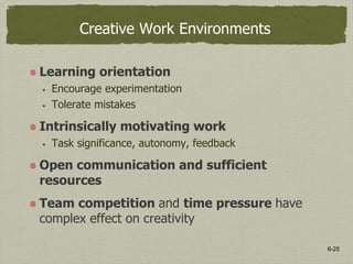 6-25
Creative Work Environments
Learning orientation
 Encourage experimentation
 Tolerate mistakes
Intrinsically motivating work
 Task significance, autonomy, feedback
Open communication and sufficient
resources
Team competition and time pressure have
complex effect on creativity
 