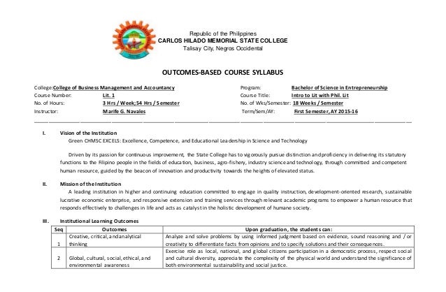 obe syllabus in lit 1 bse sample syllabus for college course