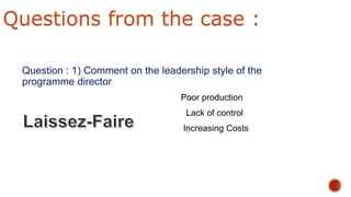 Question : 1) Comment on the leadership style of the
programme director
Poor production
Lack of control
Increasing Costs
Questions from the case :
 