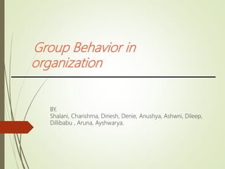 Group Behavior in
organization
BY,
Shalani, Charishma, Dinesh, Denie, Anushya, Ashwni, Dileep,
Dillibabu , Aruna, Ayshwarya.
 