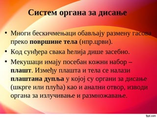 Систем органа за дисање
• Многи бескичмењаци обављају размену гасова
преко површине тела (нпр.црви).
• Код сунђера свака ћелија дише засебно.
• Мекушаци имају посебан кожни набор –
плашт. Између плашта и тела се налази
плаштана дупља у којој су органи за дисање
(шкрге или плућа) као и анални отвор, изводи
органа за излучивање и размножавање.
 