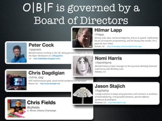 Chris Fields
@cjﬁelds
U. Illinois Urbana-Champaign
O|B|F is governed by a
Board of Directors
 