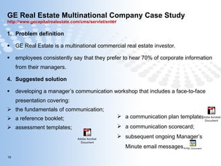 GE Real Estate Multinational Company Case Study http://www.gecapitalrealestate.com/cms/servlet/ent er   Problem definition GE Real Estate is a multinational commercial real estate investor.  employees consistently say that they prefer to hear 70% of corporate information from their managers. Suggested solution developing a manager’s communication workshop that includes a face-to-face presentation covering: the fundamentals of communication; a reference booklet; assessment templates; a communication plan template; a communication scorecard; subsequent ongoing Manager’s Minute email messages. 
