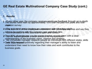 GE Real Estate Multinational Company Case Study (cont.) Results Every other year, the company receives employee feedback through an in-depth opinion survey: The actions of senior leaders are consistent with what they say?  Communication in this business is open and honest? Senior leaders provide a clear direction for my business? My immediate manager respects people as individuals with different styles, skills and experiences? The scores have risen by approximately 10% over the past five years and now show: More than 90% of the employees understand their job responsibilities and say they want to be working with the company one year from now.  Over 80% of employees say the senior leaders provide them with a clear understanding of the business vision, mission and strategy.  Over 70% respond positively regarding their manager’s ability to listen and understand their need to know how their roles and work contributes to the business goals. 