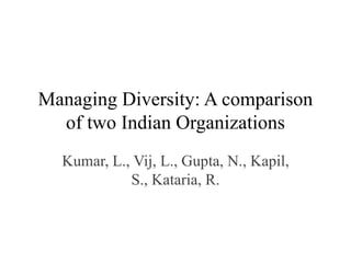 Managing Diversity: A comparison
of two Indian Organizations
Kumar, L., Vij, L., Gupta, N., Kapil,
S., Kataria, R.
 