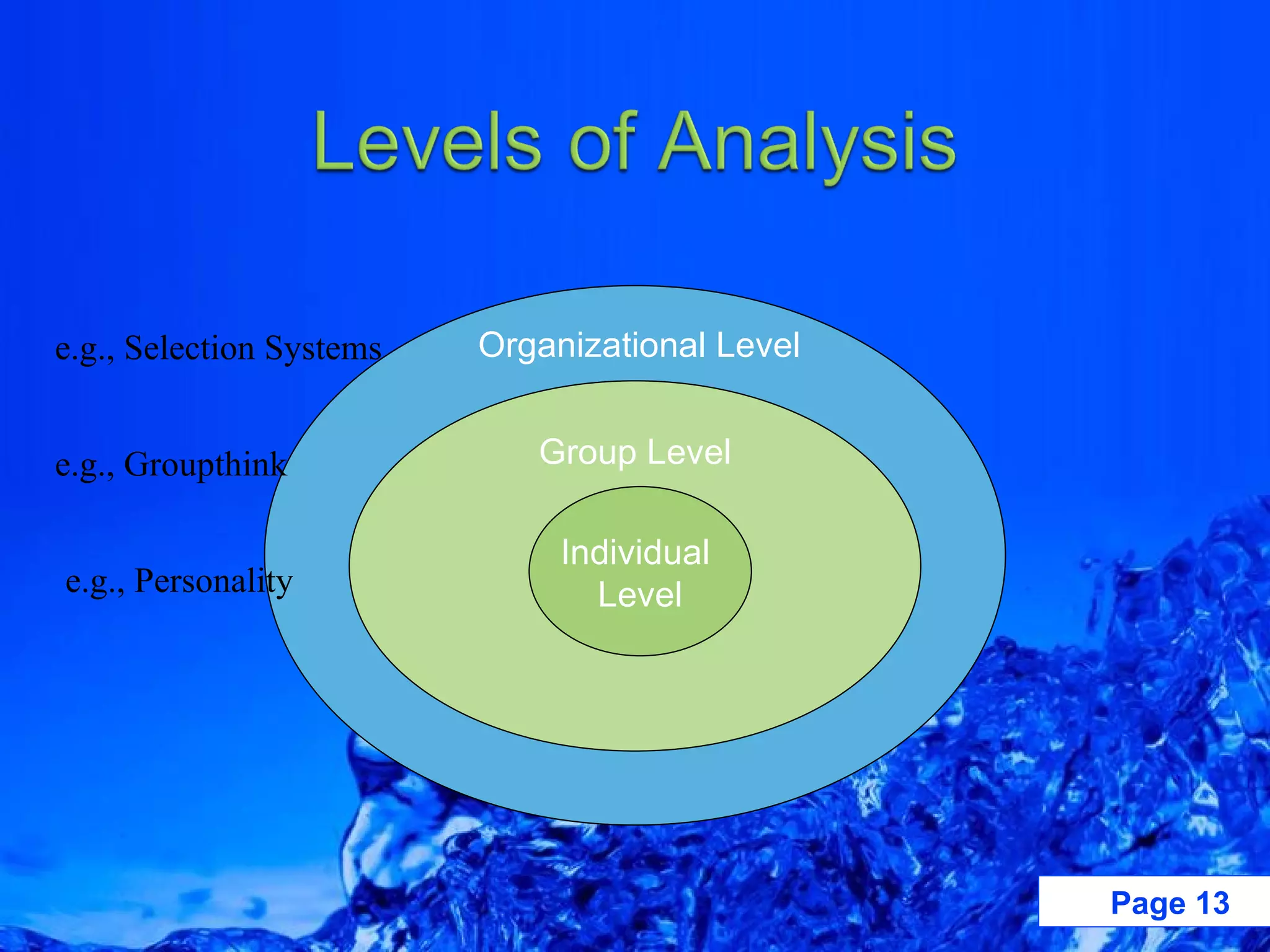 e.g., Selection Systems e.g., Groupthink e.g., Personality Group Level Individual  Level Organizational Level 