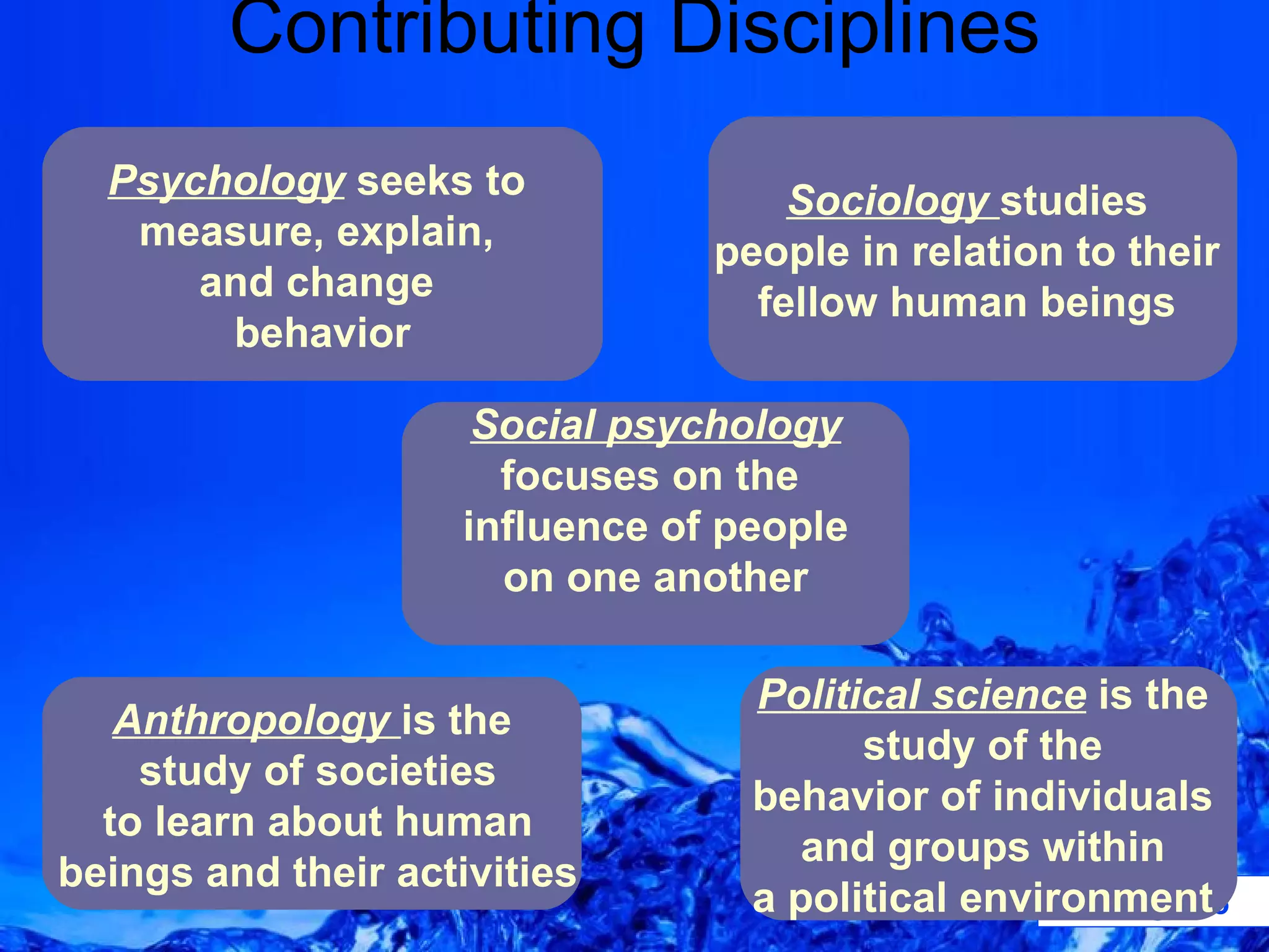Contributing Disciplines Psychology   seeks to  measure, explain,  and change  behavior Sociology  studies  people in relation to their  fellow human beings   Social psychology focuses on the  influence of people on one another Anthropology   is the  study of societies to learn about human  beings and their activities Political science  is the  study of the  behavior of individuals  and groups within  a political environment   