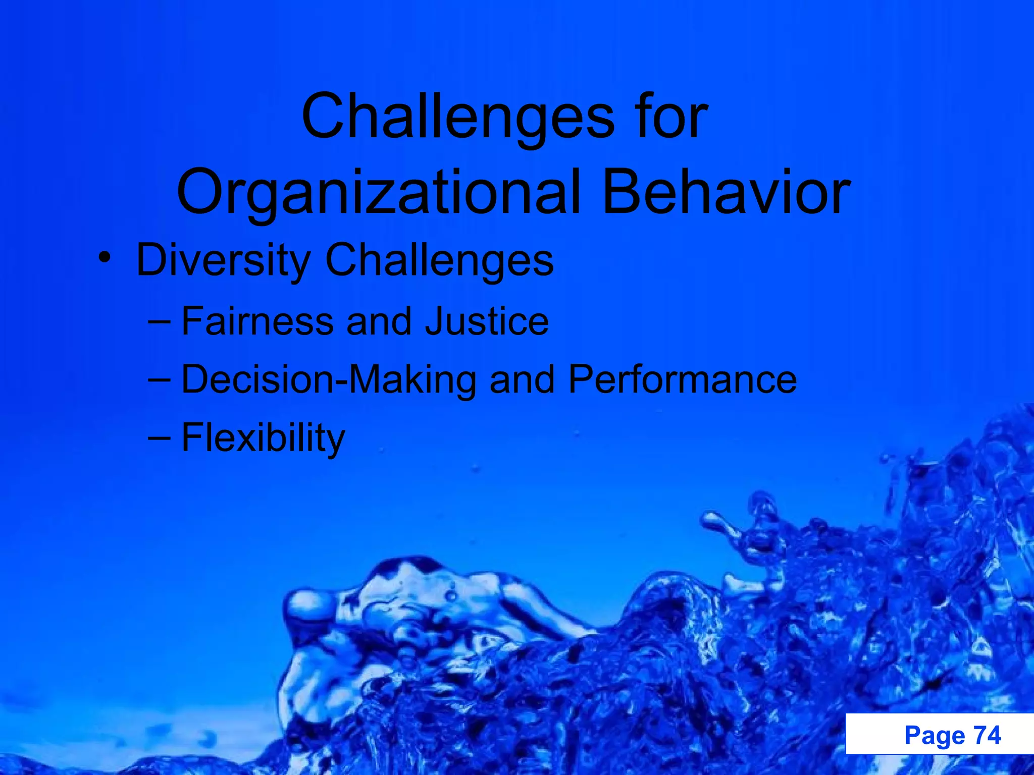 Challenges for  Organizational Behavior Diversity Challenges Fairness and Justice Decision-Making and Performance Flexibility 