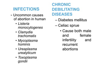 INFECTIONS
- Uncommon causes
of abortion in human
• Listeria
monocytogenes
• Clamydia
trachomatis
• Mycoplasma
hominis
• Ureaplasma
urealyticum
• Toxoplasma
gondii
CHRONIC
DEBILITATING
DISEASES
– Diabetes mellitus
– Celiac sprue
• Cause both male
and female
infertility and
recurrent
abortions
 