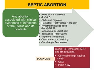SEPTIC ABORTION
• Looks sick and anxious
• -T >38◦ C
• -Chills and Rigorous
• -Persistent Tachycardia > 90 bpm
• -Hypothermia(Endo toxic
shock)<36◦ C
• - Abdominal or Chest pain
• -Tachypnea (RR) >20/mt
• -Impaired Mental state
• -Diarrhea and/or Vomitting
• -Renal Angle Tenderness
Any abortion
associated with clinical
evidences of infections
of the uterus and its
contents
Blood-Hb,Hematocrit,ABO
and Rh grouping,
• -Cervical or high vaginal
swab
• -USG
• -Plain Xray
DIAGNOSIS
 