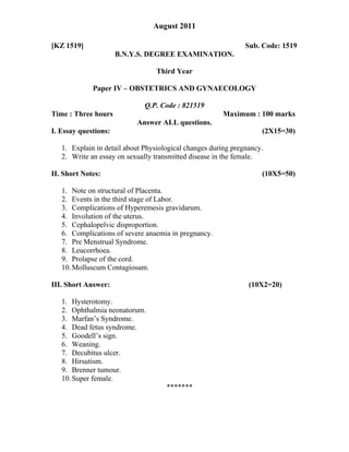 Obg questions paper batchelor of naturopathy | PDF