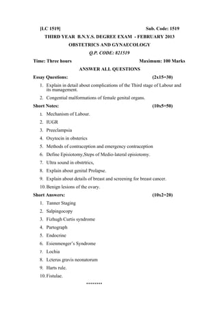 Obg questions paper batchelor of naturopathy | PDF