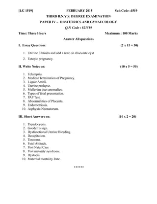 Obg questions paper batchelor of naturopathy | PDF