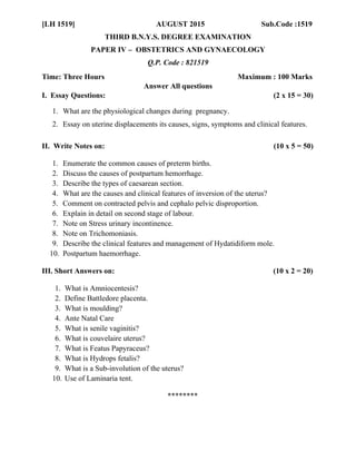 Obg questions paper batchelor of naturopathy | PDF