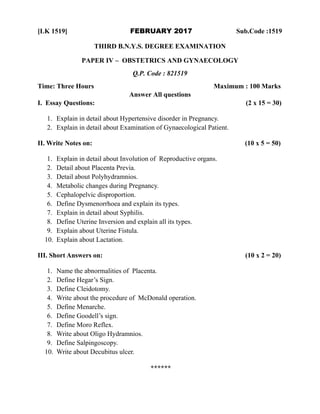 Obg questions paper batchelor of naturopathy | PDF