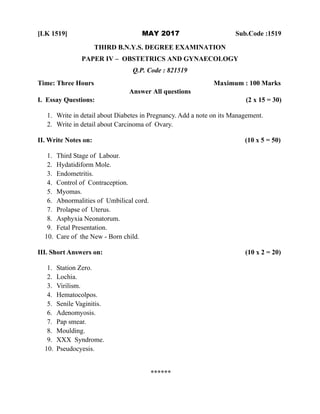 Obg questions paper batchelor of naturopathy | PDF