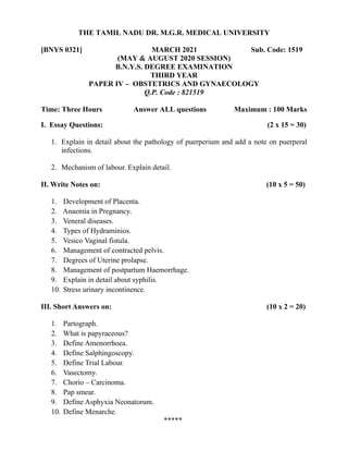 Obg questions paper batchelor of naturopathy | PDF