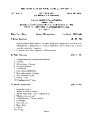 Obg questions paper batchelor of naturopathy | PDF