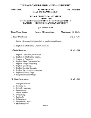 Obg questions paper batchelor of naturopathy | PDF