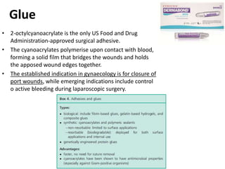 Glue
• 2-octylcyanoacrylate is the only US Food and Drug
Administration-approved surgical adhesive.
• The cyanoacrylates polymerise upon contact with blood,
forming a solid film that bridges the wounds and holds
the apposed wound edges together.
• The established indication in gynaecology is for closure of
port wounds, while emerging indications include control
o active bleeding during laparoscopic surgery.
 