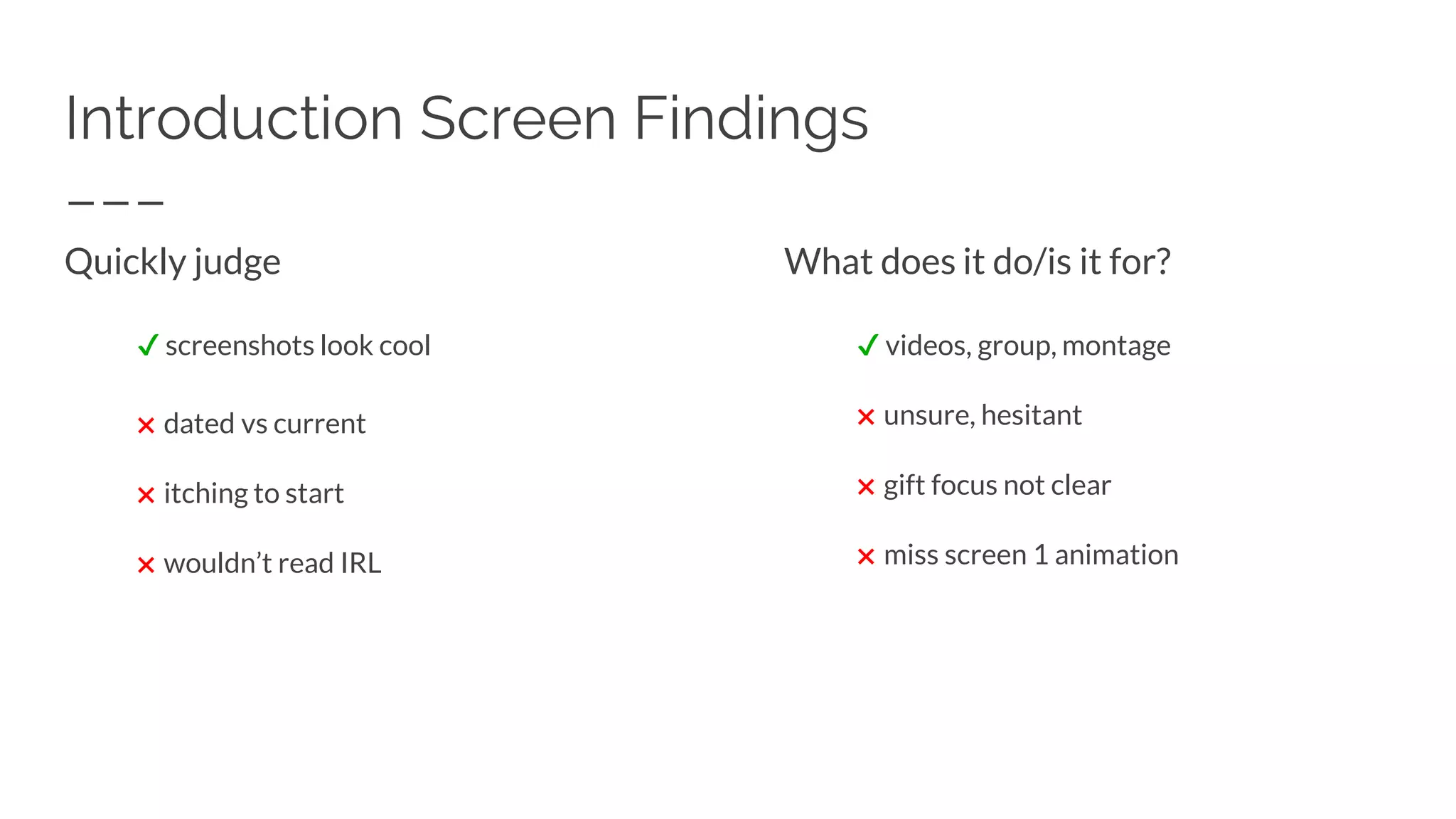 Introduction Screen Findings
Quickly judge
✔ screenshots look cool
✖ dated vs current
✖ itching to start
✖ wouldn’t read IRL
What does it do/is it for?
✔ videos, group, montage
✖ unsure, hesitant
✖ gift focus not clear
✖ miss screen 1 animation
 
