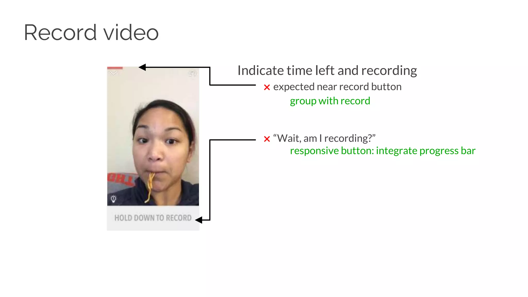 Record video
Indicate time left and recording
✖ expected near record button
group with record
✖ “Wait, am I recording?”
responsive button: integrate progress bar
 