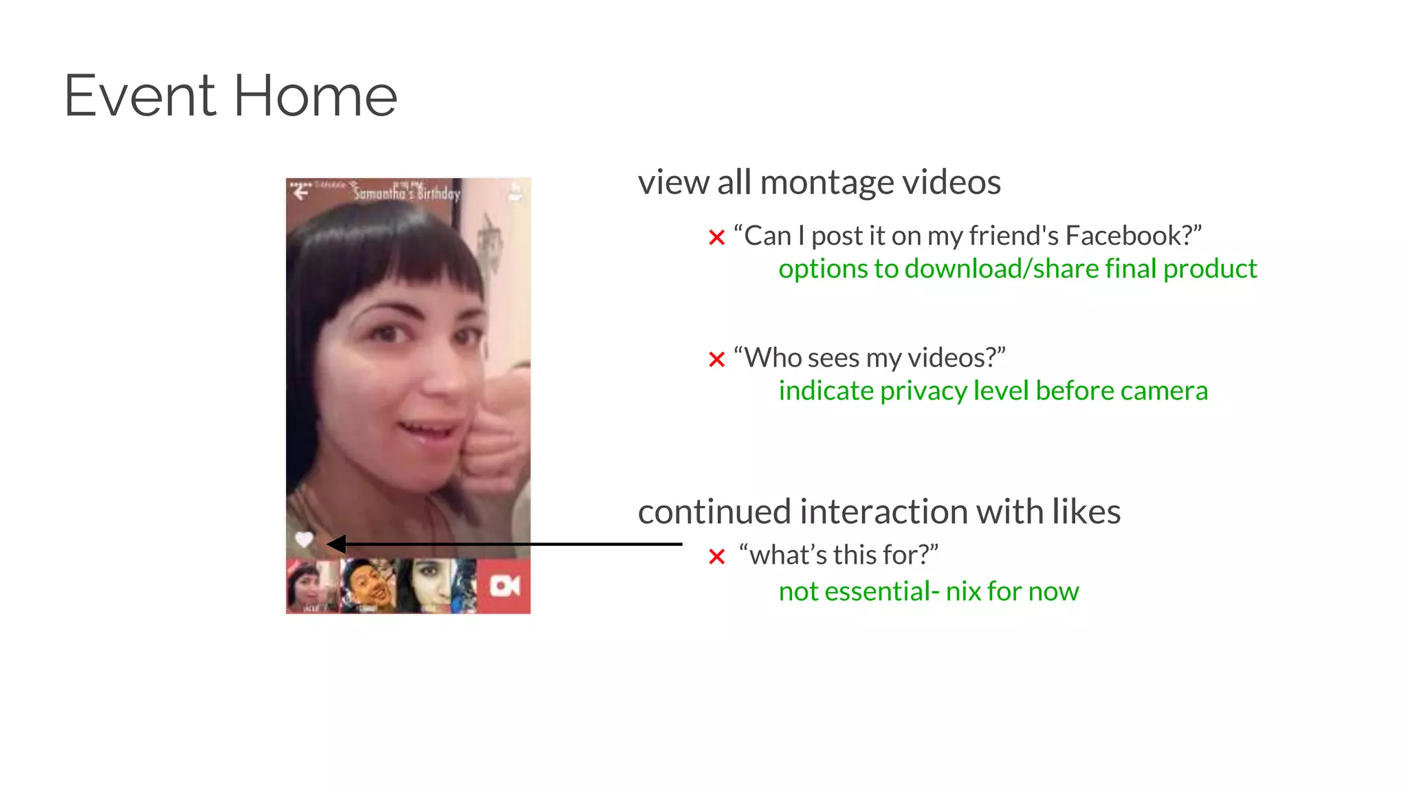 Event Home
view all montage videos
✖ “Can I post it on my friend's Facebook?”
options to download/share final product
✖ “Who sees my videos?”
indicate privacy level before camera
continued interaction with likes
✖ “what’s this for?”
not essential- nix for now
 
