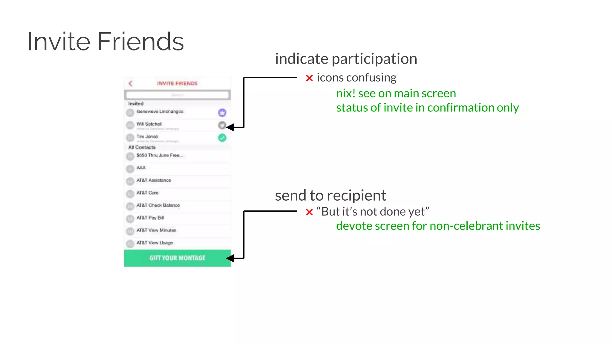 Invite Friends
indicate participation
✖ icons confusing
nix! see on main screen
status of invite in confirmation only
send to recipient
✖ “But it’s not done yet”
devote screen for non-celebrant invites
 