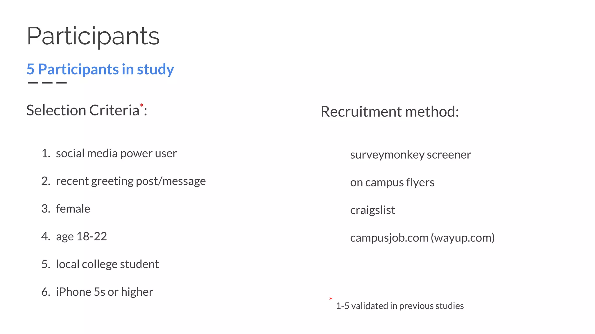5 Participants in study
Selection Criteria*:
1. social media power user
2. recent greeting post/message
3. female
4. age 18-22
5. local college student
6. iPhone 5s or higher
Participants
Recruitment method:
surveymonkey screener
on campus flyers
craigslist
campusjob.com (wayup.com)
* 1-5 validated in previous studies
 