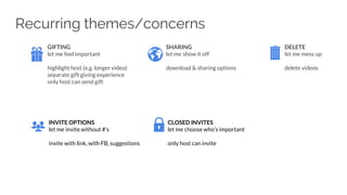 GIFTING
let me feel important
highlight host (e.g. longer video)
separate gift giving experience
only host can send gift
SHARING
let me show it off
download & sharing options
DELETE
let me mess up
delete videos
INVITE OPTIONS
let me invite without #’s
invite with link, with FB, suggestions
CLOSED INVITES
let me choose who’s important
only host can invite
Recurring themes/concerns
 