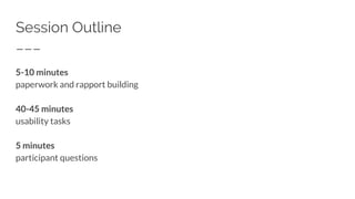 Session Outline
5-10 minutes
paperwork and rapport building
40-45 minutes
usability tasks
5 minutes
participant questions
 